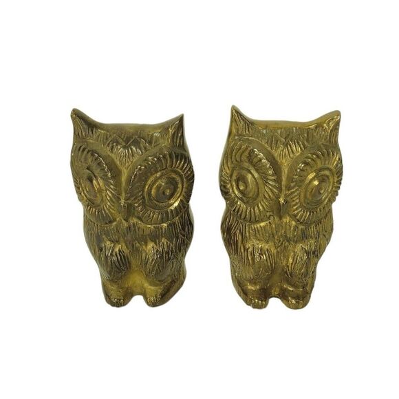 Vintage MCM Brass Set of Two Horned Night Owl Bookends Gold Figurines - Picture 9 of 12